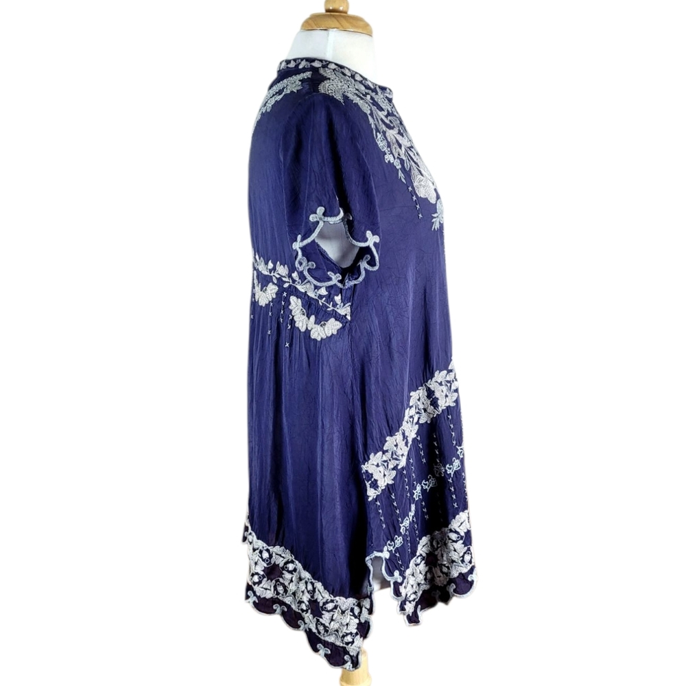 JOHNNY WAS Fletcher Embroidered Tunic Top Blue Grey Oversized Small - Picture 6 of 12
